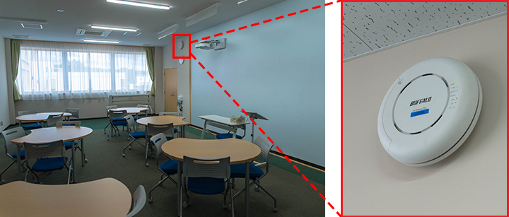 移動可能なパーテーションで区切った2つの部屋の電子黒板近くにそれぞれ「WAPM-2133TR」を設置