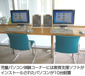児童パソコン体験コーナーには教育支援ソフトがインストールされたパソコンが10台設置