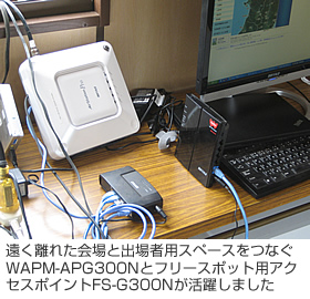 遠く離れた会場と出場者用スペースをつなぐWAPM-APG300Nとフリースポット用アクセスポイントFS-G300Nが活躍しました