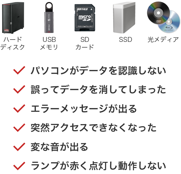 ハードディスク USBメモリ SDカード SSD 光メディア パソコンがデータを認識しない 誤ってデータを消してしまった エラーメッセージが出る 突然アクセスできなくなった 変な音が出る ランプが赤く点灯し動作しない