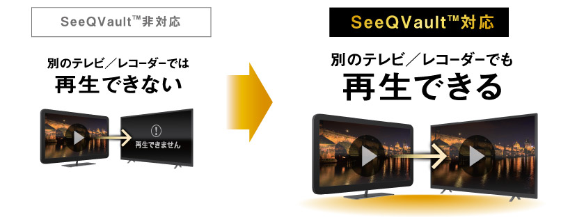 SeeWvault非対応 別のテレビ・レコーダーでは再生できない SeeQvault対応別のテレビ・レコーダーでも再生できる