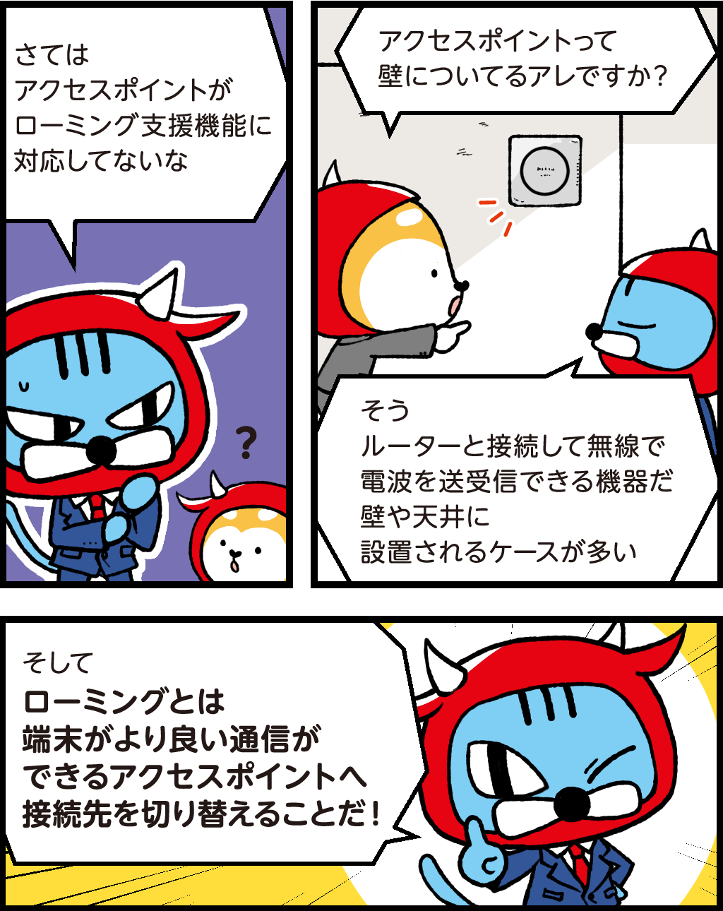 ファロ「さてはアクセスポイントがローミング支援機能に対応してないな」
バフ「アクセスポイントって壁についてるアレですか?」
ファロ「そう。ルーターと接続して無線で電波を送受信できる機械だ。壁や天井に設置されるケースが多い」
ファロ「そして、ローミングとは端末がより良い通信ができるアクセスポイントへ接続先を切り替えることだ!」