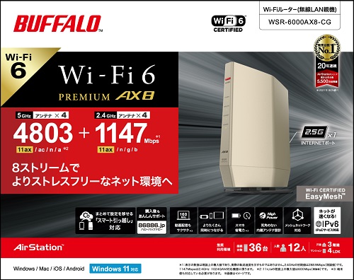 バッファロー／Wi-Fiルーター／WSR-6000AX8-CG