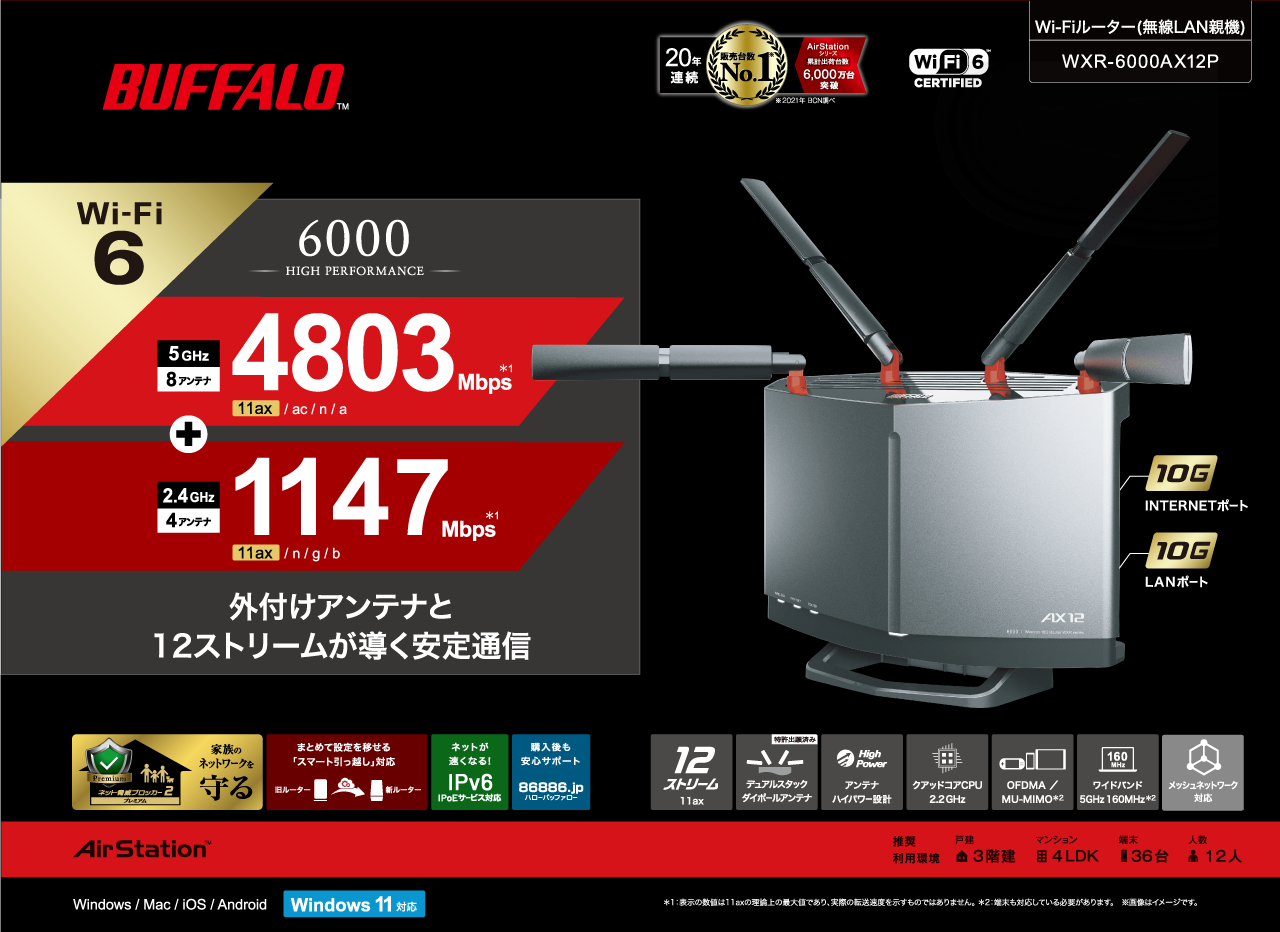 人気 バッファロー(BUFFALO) WXR-6000AX12P Wi-Fi 6対応ルーター 