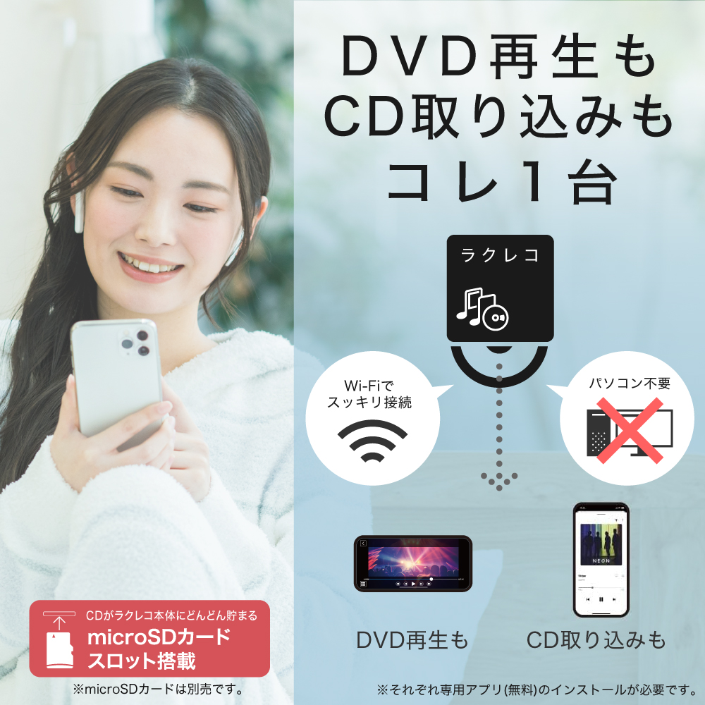 バッファロー,BUFFALO,プレスリリース,リリース,ラクレコ,CDレコーダー,スマートフォン用CDレコーダー,スマホ用,スマホで音楽,CD再生,ガジェット,便利家電,便利アイテム,スマホアクセサリ,新商品,新製品,新作,RR-PW2-WH,RR-PW2-BK,microSDカード,バックアップ