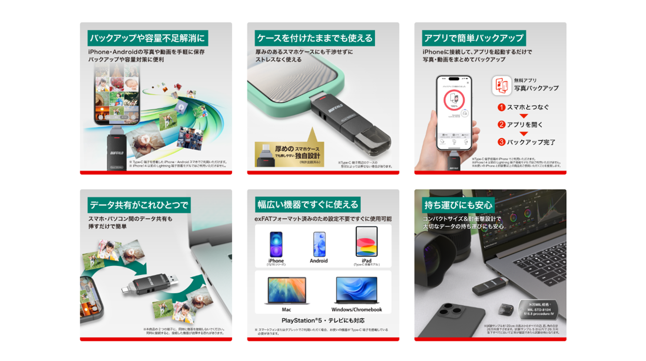 スマホの写真・動画をかんたん保存◎Type-CとA両対応のコンパクトな