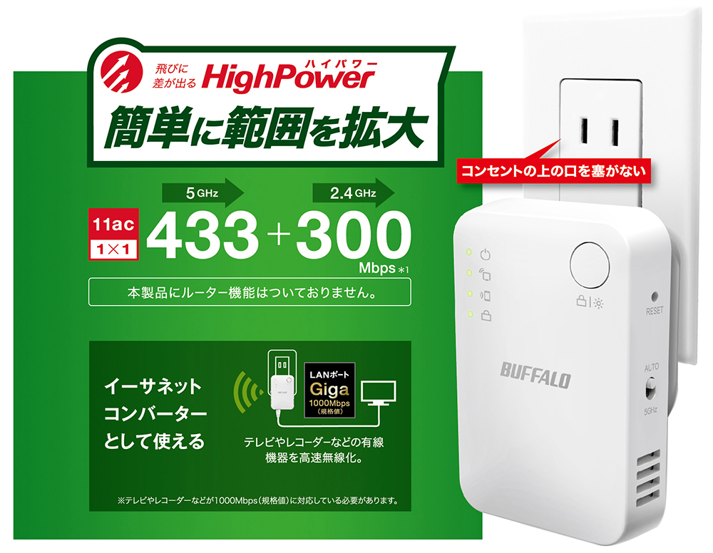 バッファロー WiFi 無線LAN 300Mbps 433 コンセント直挿しモデル N 日本メーカー 11ac 簡易パッケージ Wi-Fi5 WEX-733DHP2  中継機 i