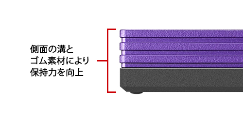 側面の溝とゴム素材により保持力を向上。